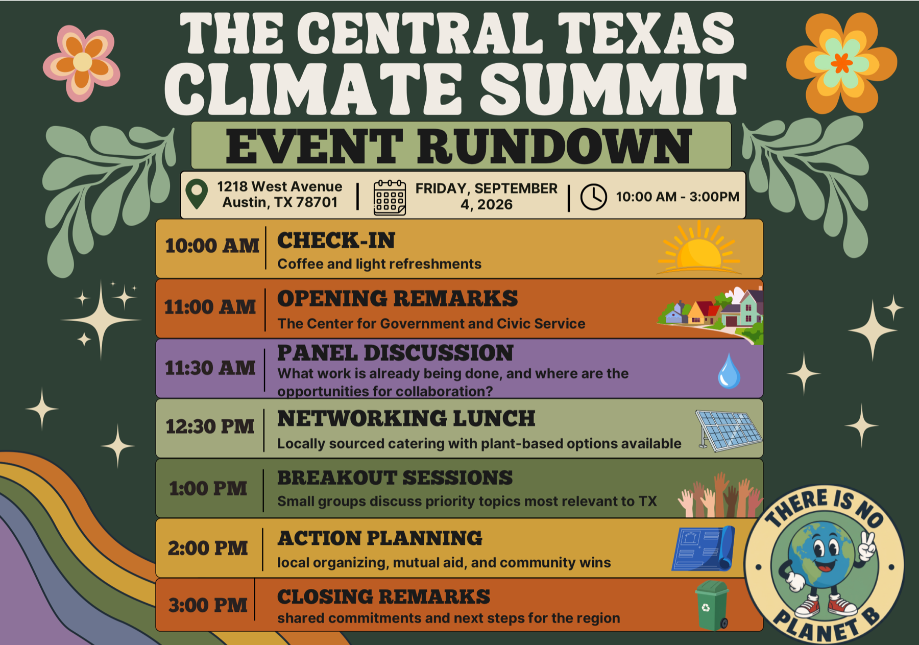 Central Texas Climate Summit event rundown graphic listing the schedule from 10:00 AM check-in through 3:00 PM closing remarks