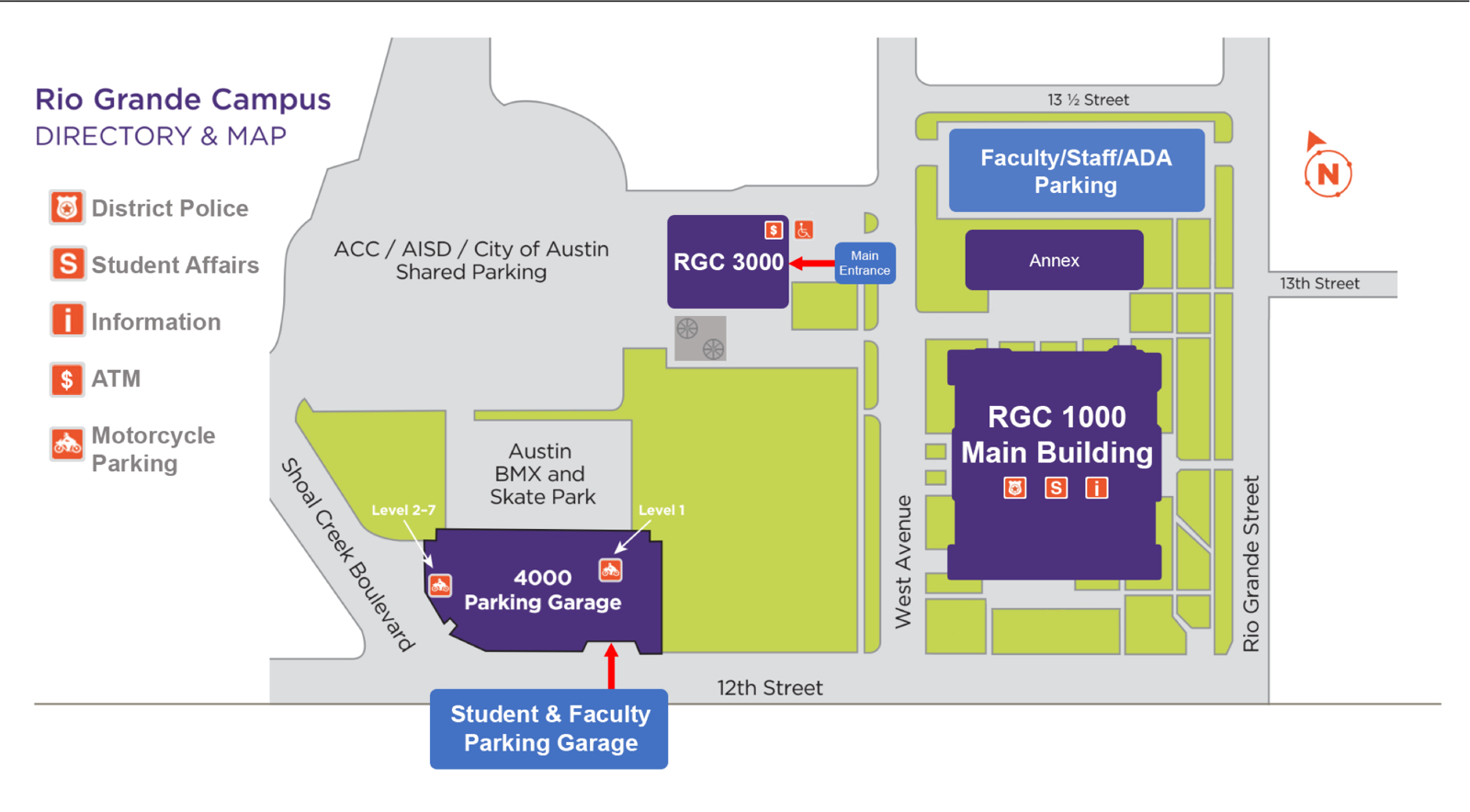 ACC Rio Grande Campus map showing the 4000 parking garage entrance on 12th Street west of West Avenue, RGC 3000, and the ADA parking lot on the north side off 13th Street